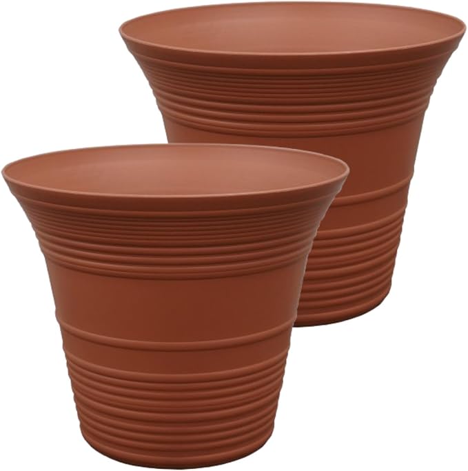 The HC Companies 12 Inch Sedona Round Self Watering Planter Pots, Lightweight UV-Resistant Plastic Indoor & Outdoor Planters, 2-Pack Flower Pots for Garden & Home Decor, Clay