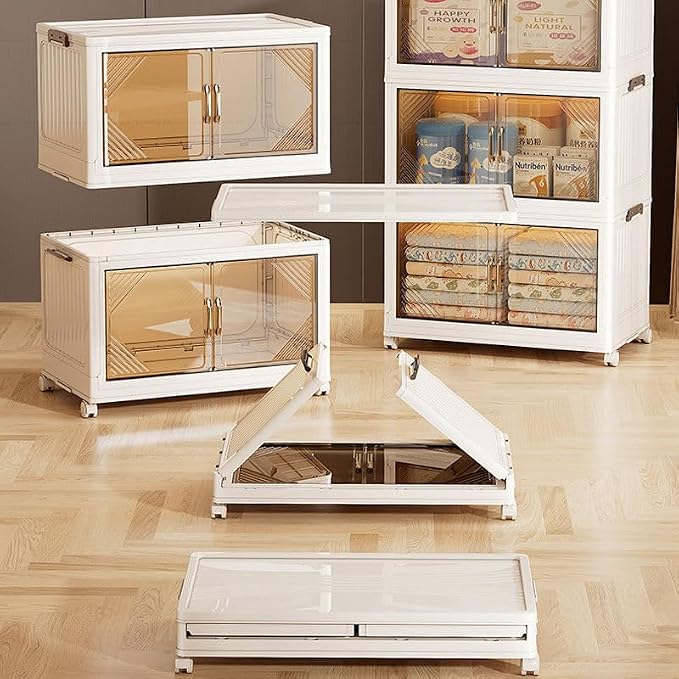 25" Wide 4-Tier Rolling Storage Bins with Lids,383QT Collapsible Stackable Storage Cabinet with Wheels,Foldable Closet Organizers,Plastic Storage Drawers for Home, Bathroom, RV Essentials
