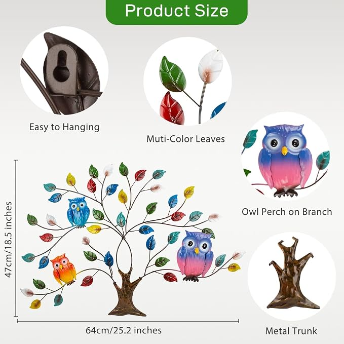 dreamskip Tree of Life Metal Wall Art, 25" Outdoor Large Wall Sculpture with Colorful Leaves and Owls, Tree Metal Wall Decor for Outdoor Indoor, Living Room, Patio, Fence, Bedroom, Garden Decor