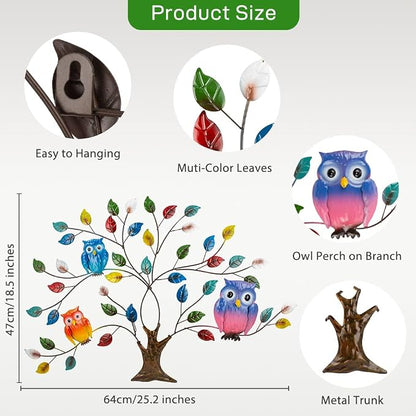 dreamskip Tree of Life Metal Wall Art, 25" Outdoor Large Wall Sculpture with Colorful Leaves and Owls, Tree Metal Wall Decor for Outdoor Indoor, Living Room, Patio, Fence, Bedroom, Garden Decor