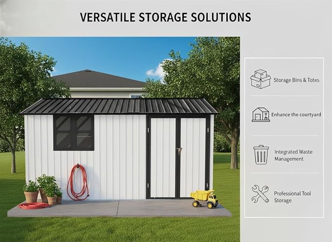 KEIKI 12x10 Ft Metal Outdoor Storage Shed Garden with Window, Foldable Worktable & Shelves, Lockable Door, Waterproof Apex Roof Heavy Duty Tool House for Backyard Garden Lawn, White Black
