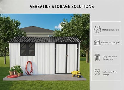 KEIKI 12x10 Ft Metal Outdoor Storage Shed Garden with Window, Foldable Worktable & Shelves, Lockable Door, Waterproof Apex Roof Heavy Duty Tool House for Backyard Garden Lawn, White Black