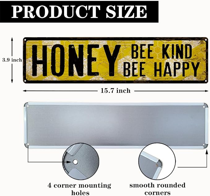 Honey Metal Tin Sign, Vintage Bee Decor, Rustic Farmhouse Wall Art, for Garden Yard Fence Porch Door, Indoor Outdoor Garden Decoration, Ideal for Bee Lovers, 15.7 x 3.9 Inches