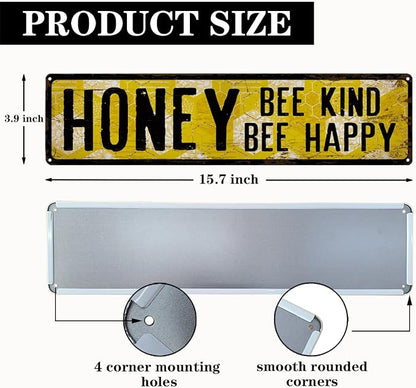 Honey Metal Tin Sign, Vintage Bee Decor, Rustic Farmhouse Wall Art, for Garden Yard Fence Porch Door, Indoor Outdoor Garden Decoration, Ideal for Bee Lovers, 15.7 x 3.9 Inches
