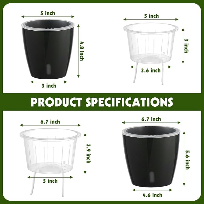 Self-Watering Pots for Indoor Plants, 16-Pack Self Watering Planter with Drainage Holes, Small African Violet Pots with Water Indicator, 10-Pack 5''/6-Pack 6.7'' Orchid Pot, Black