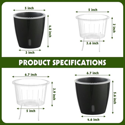 Self-Watering Pots for Indoor Plants, 16-Pack Self Watering Planter with Drainage Holes, Small African Violet Pots with Water Indicator, 10-Pack 5''/6-Pack 6.7'' Orchid Pot, Black