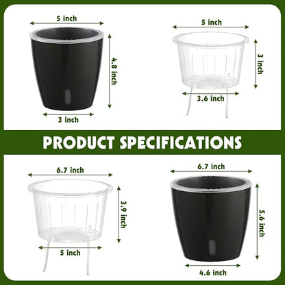Self-Watering Pots for Indoor Plants, 6-Pack 6.7'' Self Watering Planter with Drainage Holes, Small African Violet Pots with Water Indicator, Clear Wick Pot, Black