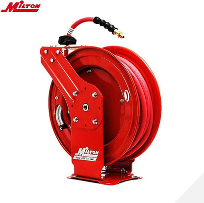 MILTON Strength Air Hose Reel w/Auto- Retractable Steel Dual Arm, 3/8" MNPT x 50 ft. Hybrid Rubber Hose - 300 Max PSI, Red - 2770-50D