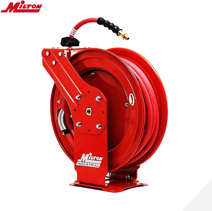 MILTON Strength Air Hose Reel w/Auto- Retractable Steel Dual Arm, Red - 2770-50D & ColorFit by Coupler & Plug Kit - (M-Style, Red) - 1/4" NPT, (14-Piece) - S-314MKIT