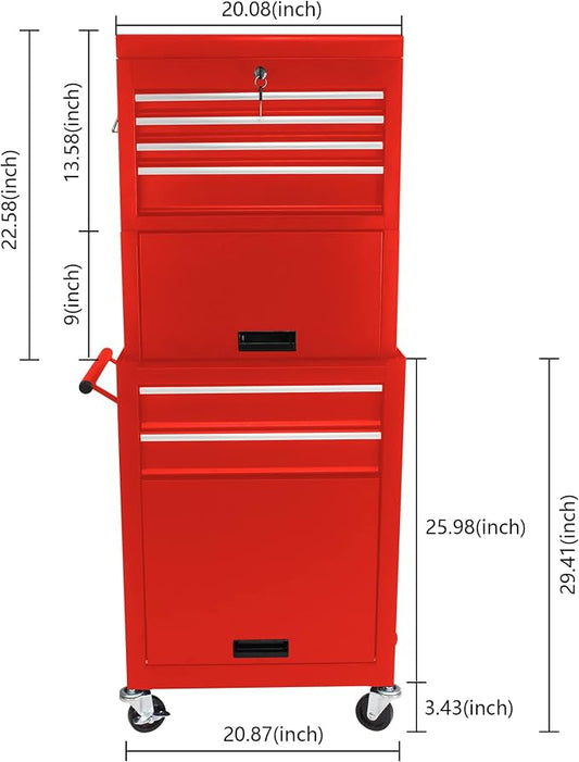 6-Drawer Tool Chest, Detachable Top Box for Garage, RED | Rolling Mobile Storage Cabinet Organizer with Lockable Wheels for Workshop Utility, Heavy Duty Metal Construction