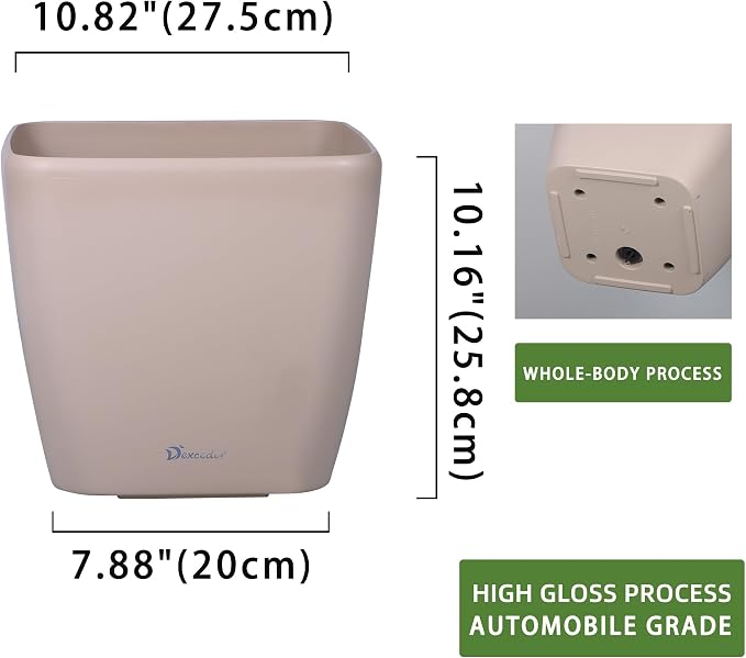 Dexceder 11x10 Self Watering Planter (Taupe Matte) | Inner Mat Design, Thickened Table Flower Plant Pot with Water Level Indicator Indoor Outdoor
