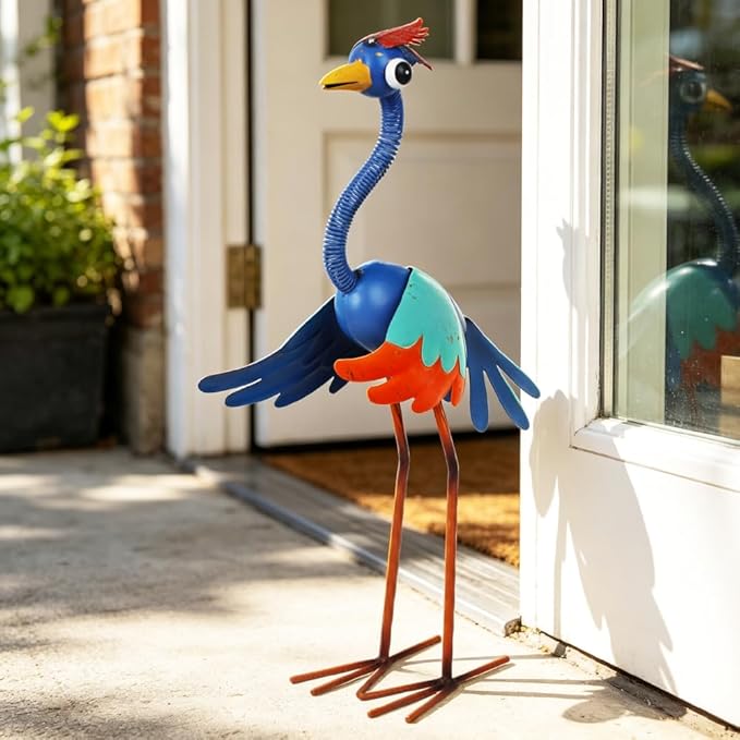 Metal Wacky Heron Garden Statue for Patio, Backyard, Lawn | 19‘’ Crane Garden Decor for Outside, Waterproof Bird Yard Art, Blue & Cyan