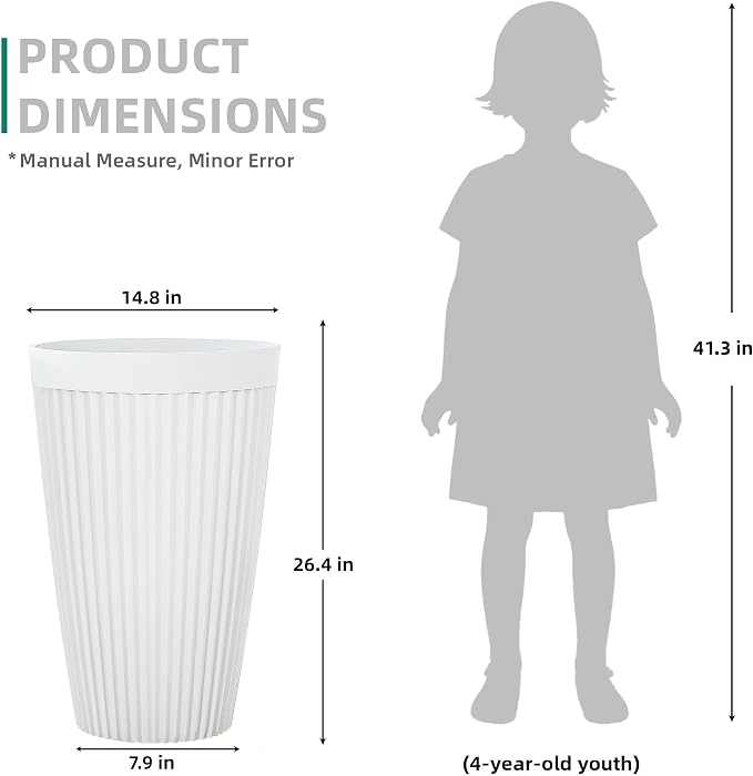 2-Pack 20" Matt White Resin Tall Planters with Fluted Texture | Set of 2 resin tall planters with ceramic look, fluted texture, drainage plugs, and UV-resistant finish for porch or patio