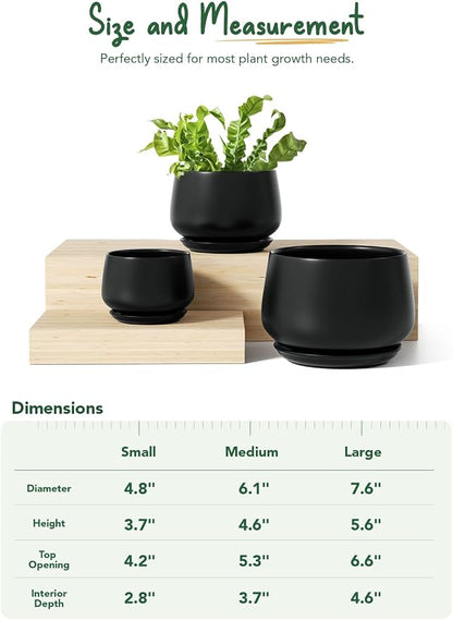 LE TAUCI Plant Pots, 4.1+5.1+6.5 inch, Set of 3, Ceramic Planters with Drainage Hole and Saucer, Indoor Flower Pot with Hole Mesh Pad, Gifts for Mom, Black