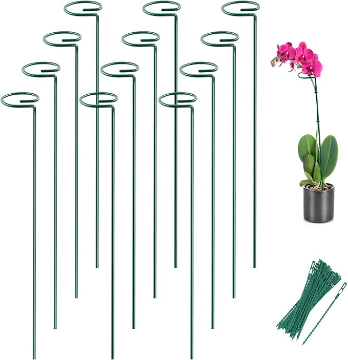 12 Pack 16 Inch Metal Plant Support Stakes for Outdoor Plants and Flowers | Plant Support Sticks, Includes 24 Twist Ties, For Peony, Amaryllis, Marigold, Coreopsis, For Tomato Seedling, Sapling