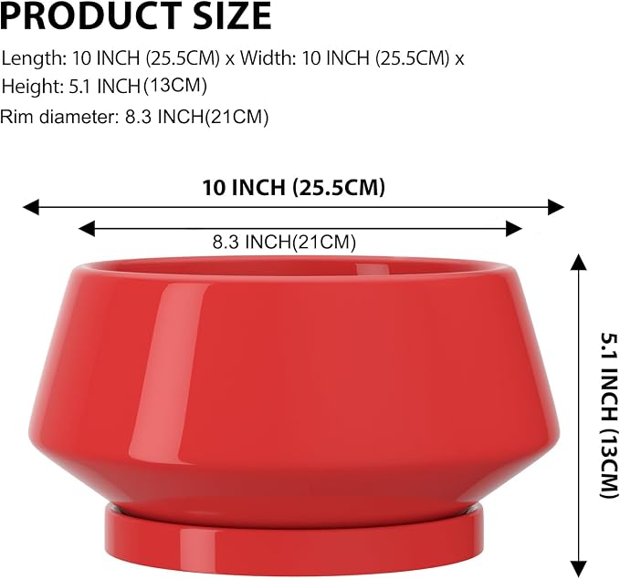 10 Inch Red Ceramic Planter with Drainage Hole and Saucer | Ideal for Indoor and Outdoor Plants, Modern Home Decor, Round, Gloss Red