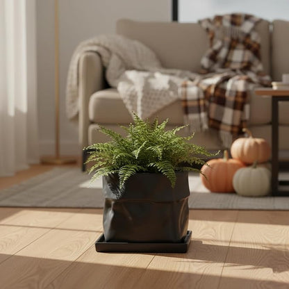 Nihow 8 Inch Ceramic Plant Pot with Drainage & Square Saucer,Black | Bag Shape Design,Indoor & Outdoor,Living room/Office/Bedroom/Windowsill/Tabletop,Plant Lovers/Gardeners/Beginners