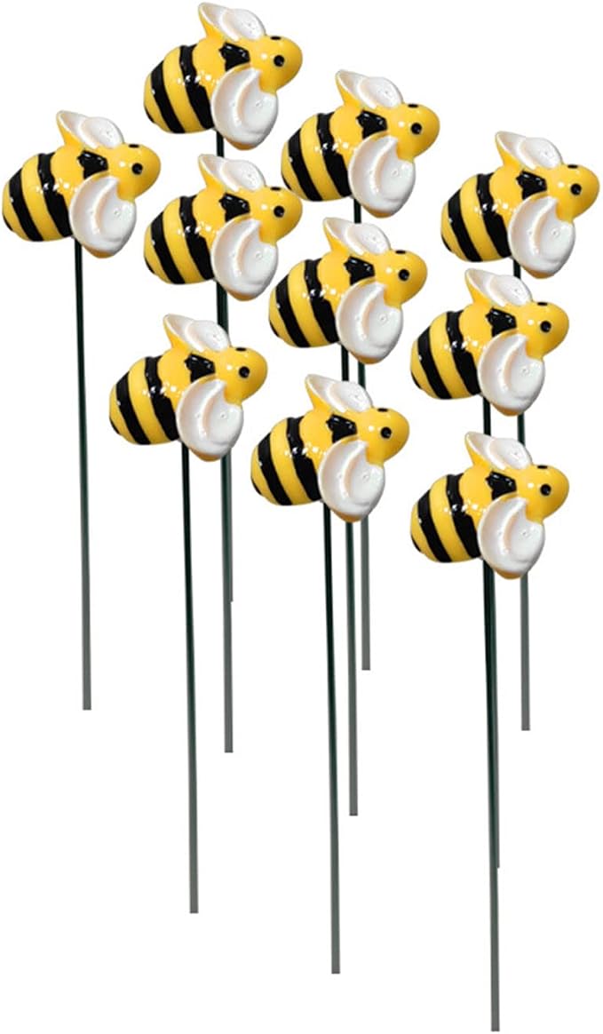 10Pcs Bee Garden Stakes Decor Metal Yard Art Ornaments Front Yard Art Stick Floral Picks Spring Summer Resin Bumble Bees Garden Stakes Outdoor Lawn Pathway Patio Plant Pot, Flower Bed Yellow