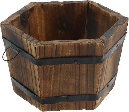 MY MIRONEY Plant Pots, Vintage Wooden Barrel Planter, 6.5" x 3.94" | Solid Rustic Garden Flower Pot with Metal Handles & Frame for Indoor Planter, Office Home Decor, Garden Home Plants