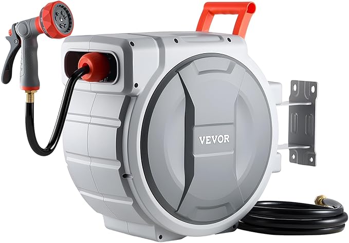 VEVOR Retractable Garden Hose Reel, 1/2 in x 100 ft, Wall Mounted Hose Reel with 9-Function Sprayer Nozzle and 180° Swivel Bracket, Any Length Lock, Automatic Slow Rewind System, for Garden Watering