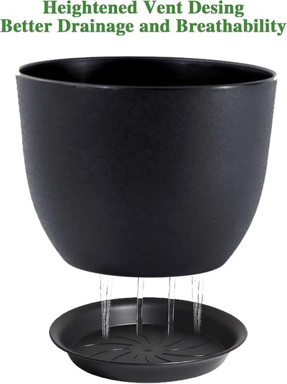UOUZ 12inch Large Plant Pot, Modern Plastic Planter with High Driange Holes and Saucer for Indoor Outdoor Garden Plants and Flowers, Black