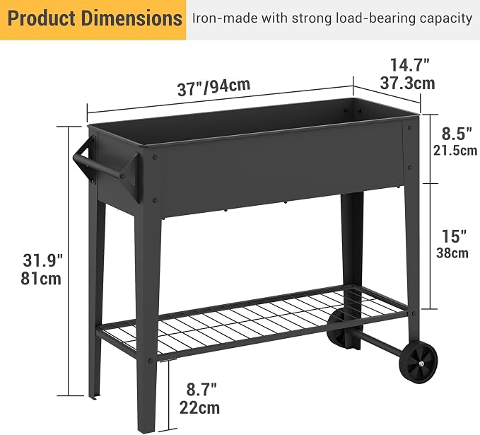 31.9" Tall Mobile Raised Garden Bed on Wheels, Metal Elevated Planter Box with Handles, Lower Storage Shelf & 5 Drain Holes for Vegetables Herbs Flowers,Garden Patio Balcony Backyard Garage