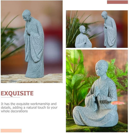 Happyyami Bonsai 2pcs Stone Monk Figurines Zen Buddha Statues Standing Monk Sculptures for Outdoor Landscape Garden Decoration Light Grey Miniature Figurines Miniature