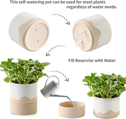 Nihow Ceramic Self Watering Plant Pot for Indoor Plants, 6 Inch,Cream White | Planter with Cotton Wick, Drainage Hole & Water Storage Plus, Cylinder Round Flower Pot, For Succulent/Herbs/Violets