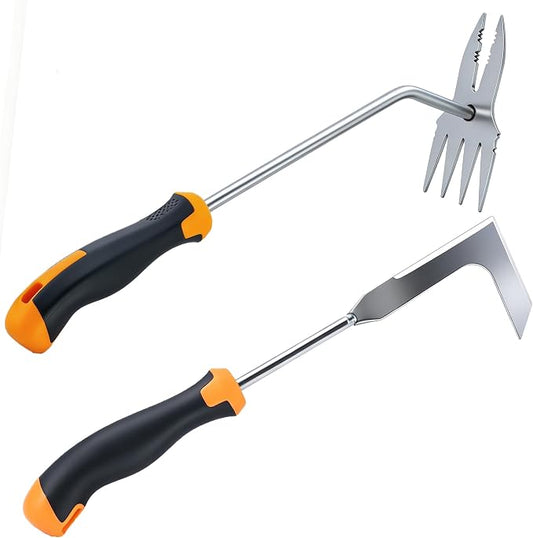 2PCS Weed Puller Tool, Manual Weeder Crack Weeder Garden Weeding Tools | Stainless Steel 4-Teeth Hand Weed Pulling Tools, Rubber Handle Weed Remover Tool for Uprooting Gardening Planting