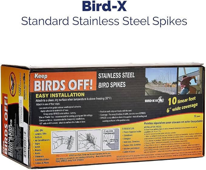 Bird-X Stainless Steel Spikes Stop Bird Roosting Pigeons 6 Inch Wide 10 Ft | Stops Bird Landing, Durable Stainless Steel, Ledges, Sings, Pipes Beams, For Pigeons, Seagulls, Sparrows & more 10 Feet