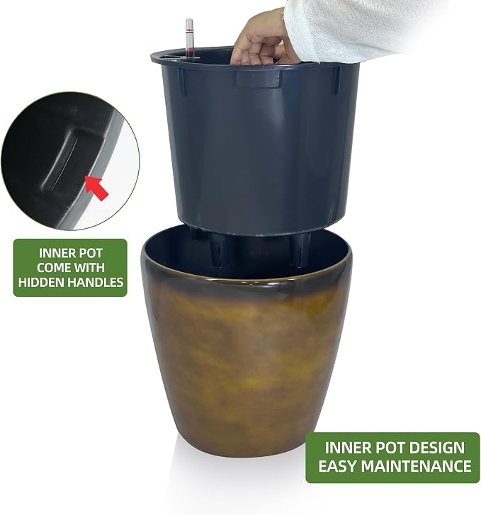 Dexceder 18x17 Self Watering Planter with Wheels (Yellow Brown Gradient) | Inner Pot Design, Thickened Large Floor Standing Flower Plant Pot with Water Level Indicator Indoor Outdoor
