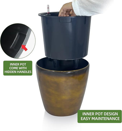 Dexceder 18x17 Self Watering Planter with Wheels (Yellow Brown Gradient) | Inner Pot Design, Thickened Large Floor Standing Flower Plant Pot with Water Level Indicator Indoor Outdoor
