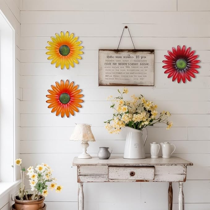 hogardeck Metal Flower Wall Decor for Indoor Outdoor, Kitchen Decor Floral Metal Wall Art, Wall Decor for Bathroom, Living Room, Porch, Garden, Yard, Backyard （3 Pcs 9'' ）