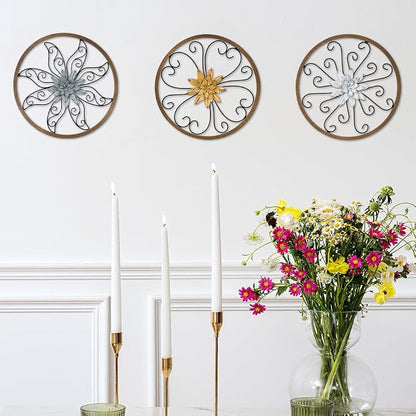 hogardeck Metal Flower Wall Decor - 3 pcs 11" Metal Wood Floral Wall Decoration with 6 Piece Interchangeable Flowers, Hanging Rustic Wall Art for Bedroom, Living Room, Bathroom, Kitchen