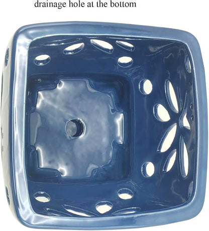 Orchid Pots with Holes Square Ceramic Orchid Planter Pots 5.7 inch (Blue)