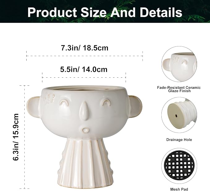 Face Planter Pot 7 Inch - Cute Ceramic Flower Head Planter for Indoor Outdoor Succulent Pot with Drainage Hole Flower Pot Present for Mother Christmas White