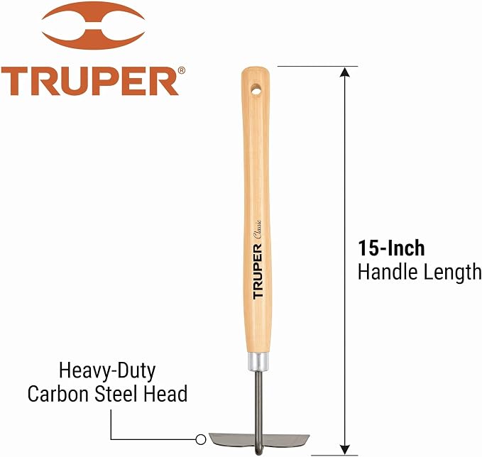 Truper Floral Garden Hand Hoe and Cultivator, 15-Inch Premium Ash Wood Handle, Heavy-Duty Carbon Steel Head Weeding and Planting Tool (Model 30663 / GTL-HO)