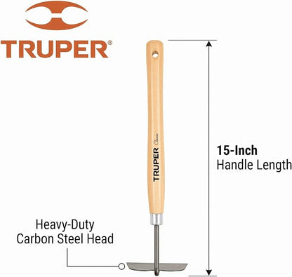 Truper Floral Garden Hand Hoe and Cultivator, 15-Inch Premium Ash Wood Handle, Heavy-Duty Carbon Steel Head Weeding and Planting Tool (Model 30663 / GTL-HO)