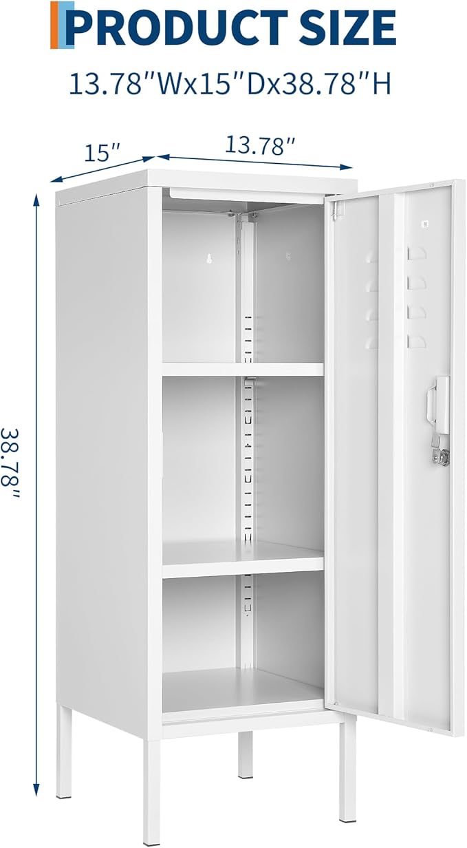 Lockable Metal Locker Cabinet, 39''h Metal Storage Cabinet with Lock, Adjustable Shelf & Ventilation, Steel Locker for Gym, School, Office, Home, Garage White