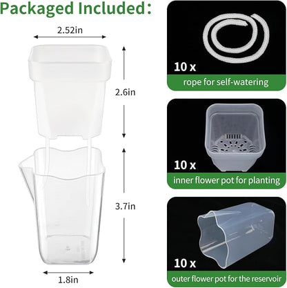 10 Pack 2.5" Self Watering Pots for Indoor Plants, Mini Clear Plastic Planters Water Level Indicator, with Drainage Holes, Cuttings, Seedlings, Herbs, African Violets