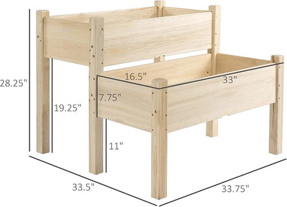 Outsunny 34"x34"x28" Raised Garden Bed, 2-Tier Elevated Wood Planter Box for Backyard, Patio to Grow Vegetables, Herbs, and Flowers, Natural