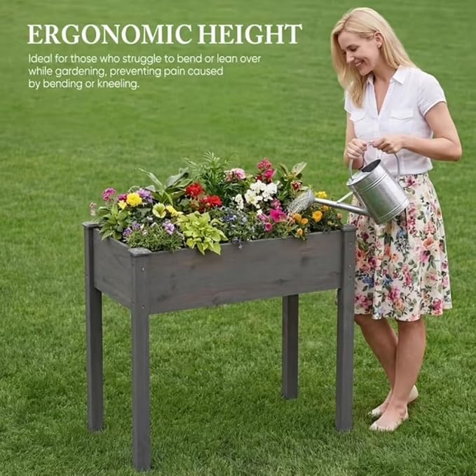 Raised Garden Bed Outdoor Planter Box with Legs - 34x18x30 Inch Cedar Wooden Elevated Planter Box with Non-Woven Liner & Drainage Holes for Vegetables Flowers Herbs (Gray, 34 x 18 x 30)