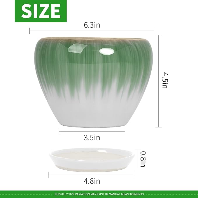 Deep Dream 6 Inch Plant Pots- Ceramic Planter Pot with Drainage Hole and Saucer, Round Flower Pot for Indoor Outdoor Succulent, Snake Plants and Cactus, White&Green