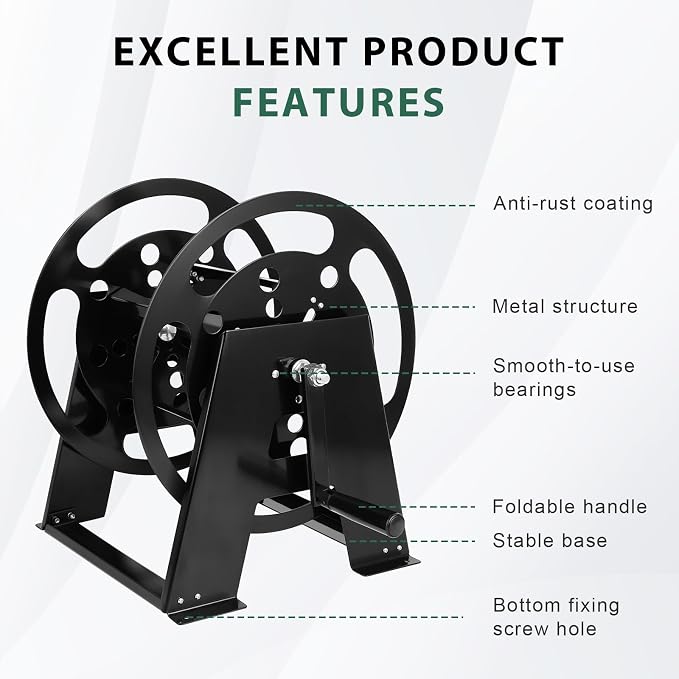 RV Extension Cord Storage Reel, Mountable Metal Reel Frame Holds Up To 200 Feet Of 15A (12/3 AWG), Power Cord Reel with Durable Bearings ＆ Foldable Handle