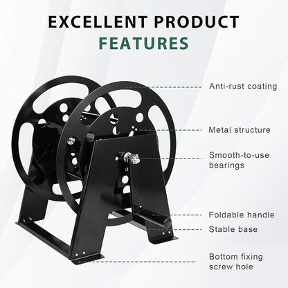 RV Extension Cord Storage Reel, Mountable Metal Reel Frame Holds Up To 200 Feet Of 15A (12/3 AWG), Power Cord Reel with Durable Bearings ＆ Foldable Handle