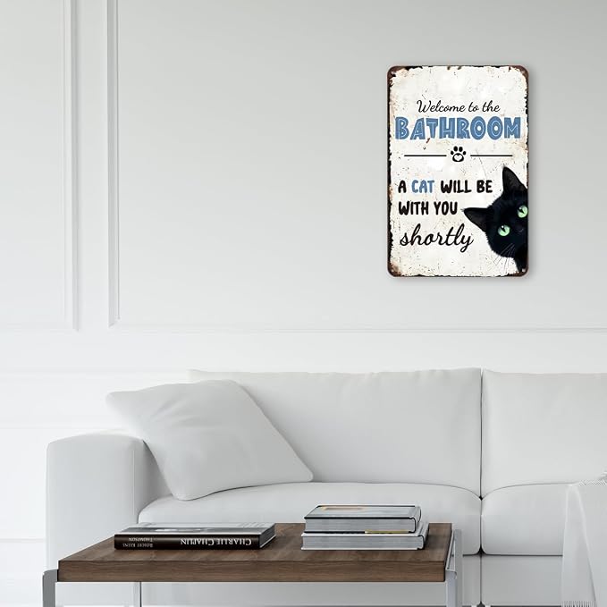 mmiishe Metal Signs Black Cat Lover Gifts for Women Men Funny Cat Bathroom Decor Vintage Metal Wall Decor for Restroom Toilet Powder Room Wall Art Plaques 8x12 Inches Bathroom Accessories