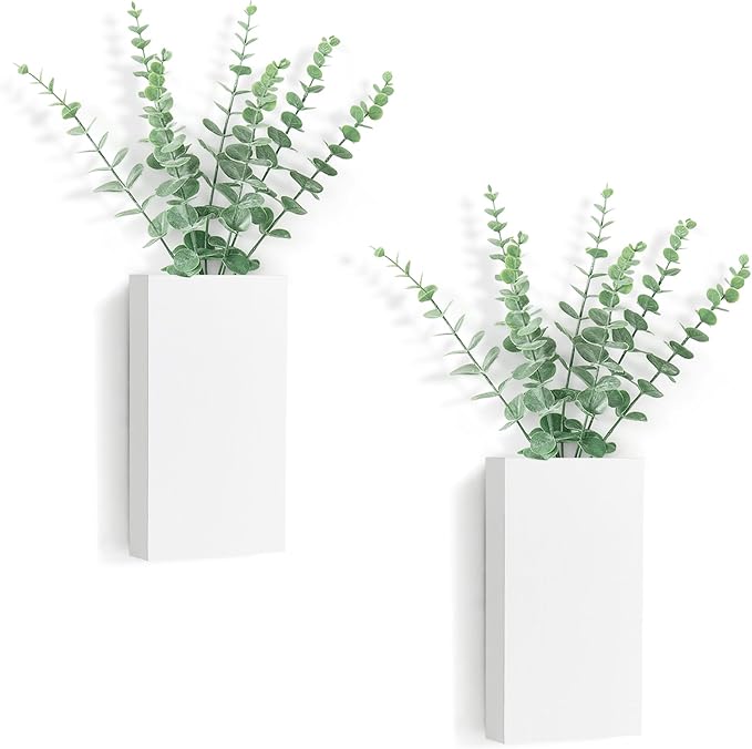 Dahey 2 Pack Wood Wall Planter Vase with Artificial Eucalyptus Farmhouse Wall Hanging Decor Pocket Planter for Indoor Fake Plants Greenery Flowers Living Room Bedroom Kitchen Home Decoration, White