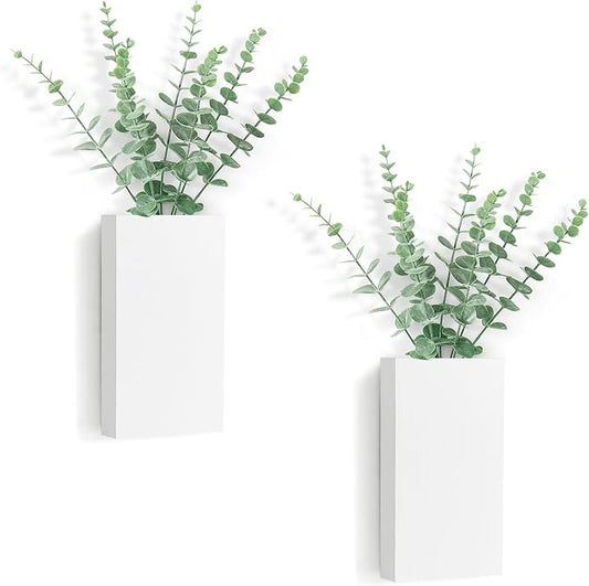 Dahey 2 Pack Wood Wall Planter Vase with Artificial Eucalyptus Farmhouse Wall Hanging Decor Pocket Planter for Indoor Fake Plants Greenery Flowers Living Room Bedroom Kitchen Home Decoration, White
