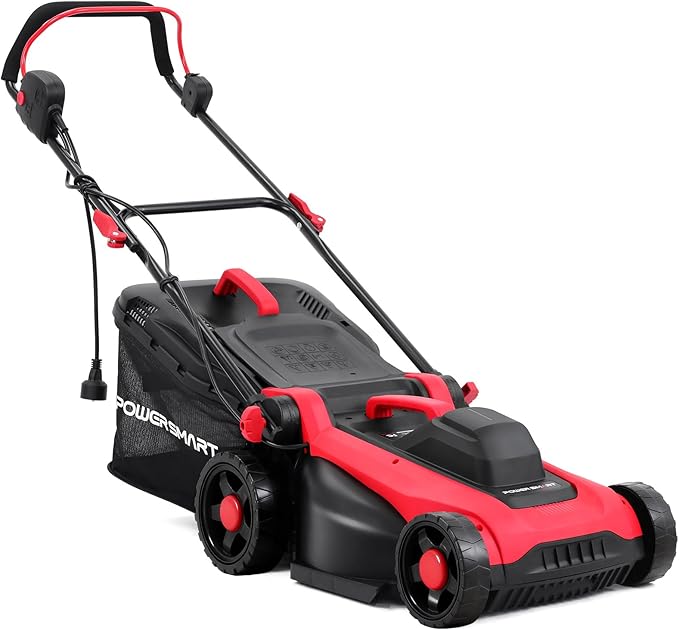 PowerSmart Corded Electric Lawn Mower, 14 Inch, 12.5 Amp, Ergonomic Handle | Large Capacity Grass Catcher, Reliable Motor, 6-Position Height Adjustment, 2-in-1 Mulch & Bag