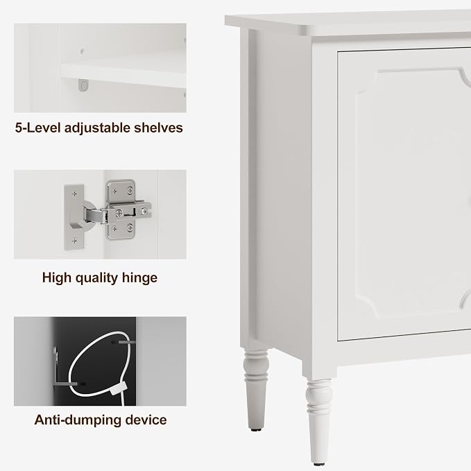 RoyalCraft Sideboard Buffet Cabinet with Storage, 59" Mid Century Modern Credenza with 4 Doors, Coffee Bar Wine Bar Storage Cabinet with Artistic Carved Handle for Living Room, Dining Room, White